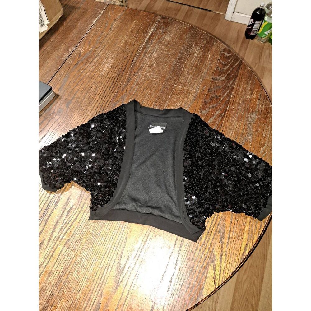 Size 12 Frank Lyman Design Black Sequin Batwing Sleeve Cropped Open Front Jacket